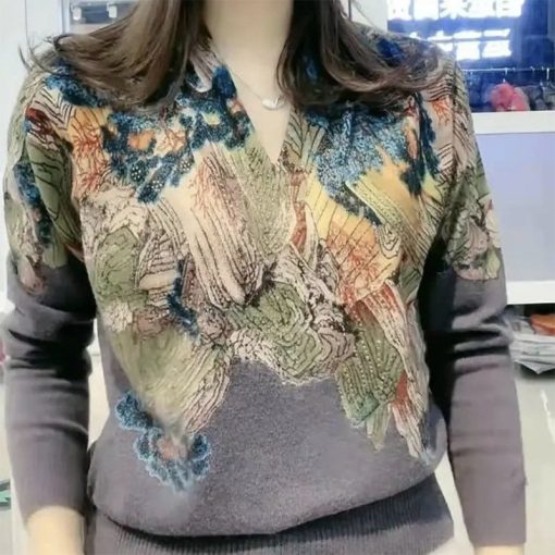 variant image1Autumn Winter Landscape Printing Diamonds Elegant Fashion Sweater Ladies 6XL Loose Casual All match Pullover Top