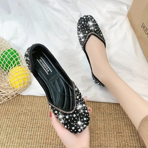 variant image1Glitter Crystal Pearl Pink Flats Ballet Shoes Women Moccasins Square Toe Slip on Summer Loafers Shallow