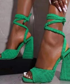 variant image1Green Ankle Strap Sandals for Women Summer 2022 Super High Heels Square Toe Sandals Woman Brand