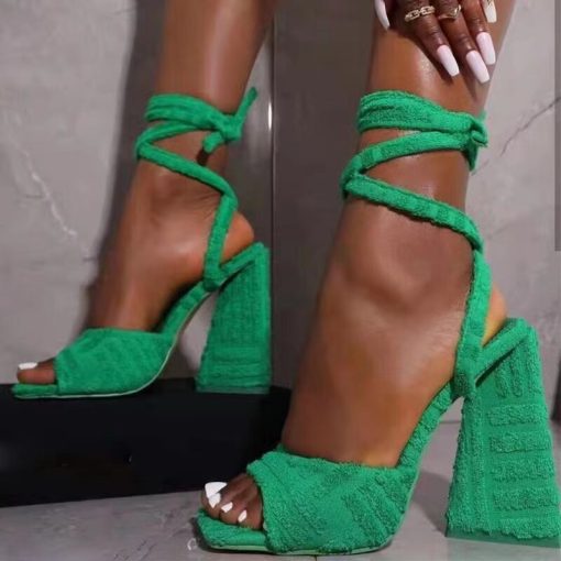 variant image1Green Ankle Strap Sandals for Women Summer 2022 Super High Heels Square Toe Sandals Woman Brand
