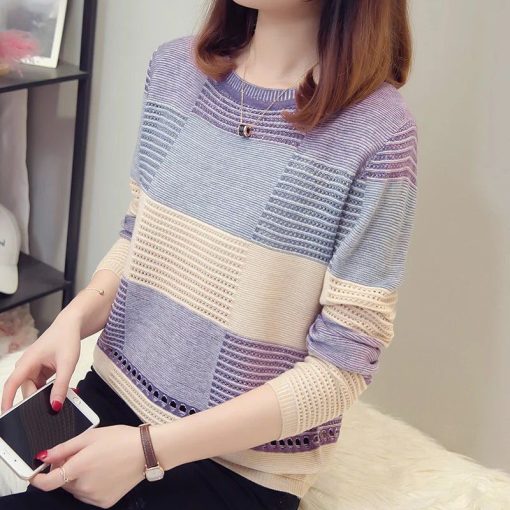 variant image1Knitted T Shirts O neck Spring Autumn Patchwork Long Sleeve Casual Simple Elasticity Leisure Comfortable Korean