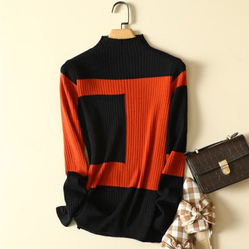 variant image1Mock Neck Patchwork Knitted Women Sweater Pullovers Autumn Slim Elastic Long Sleeved Elegant Office Lady Pulls