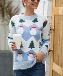 variant image1Sleeve Knitting Women Christmas Sweater Long Christmas Tops O Neck Sweater Tree Sweater Christmas Long Tops