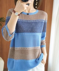 variant image1Spring Autumn Classic Striped Print Loose Casual Sweater Women 3 4 Sleeve Hollow Out Knitting Pullover