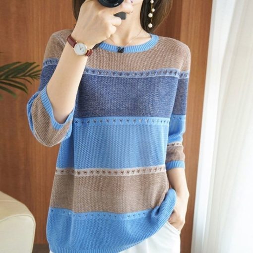 variant image1Spring Autumn Classic Striped Print Loose Casual Sweater Women 3 4 Sleeve Hollow Out Knitting Pullover