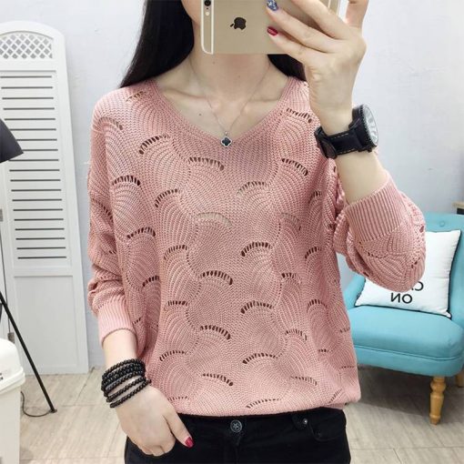 variant image1Spring Autumn V neck Elegant Sweet Knitting Hollow Out Top Women Solid Loose Casual Sweater Ladies