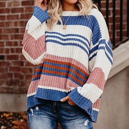 variant image1Women Knitted Hoodie Fashion Lovely Chic Preppy Harajuku Long Sleeve O Neck Striped Color Block Girls