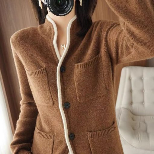 variant image2100 Pure Wool Sweater Autumn Winter 2022 Women s Stand up Collar Cardigan Casual Knit Tops