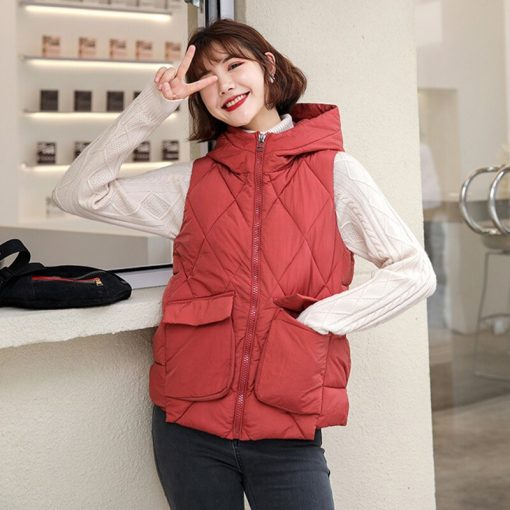 variant image22021 Women s Winter Short Vest Solid Korean Style Sleeveless Hooded Thick Jacket Female Cotton Padded