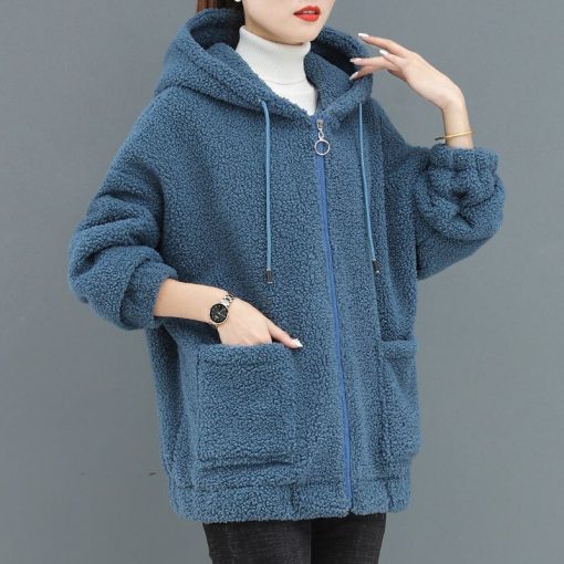 variant image2Fashion Casual Lamb Wool Coat Women s Autumn Winter Jackets Stitching Hooded Zipper Ladies Korean Coat