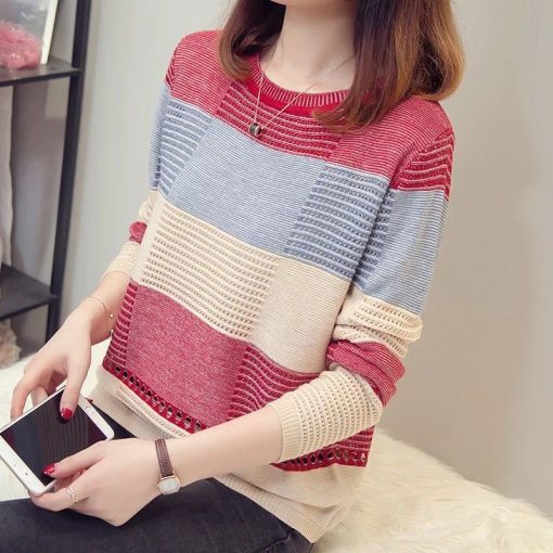 variant image2Knitted T Shirts O neck Spring Autumn Patchwork Long Sleeve Casual Simple Elasticity Leisure Comfortable Korean