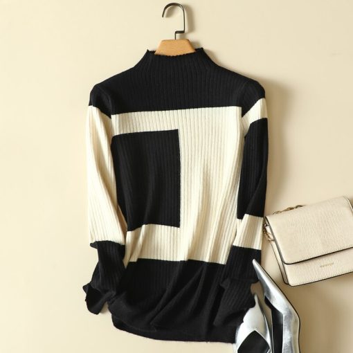 variant image2Mock Neck Patchwork Knitted Women Sweater Pullovers Autumn Slim Elastic Long Sleeved Elegant Office Lady Pulls