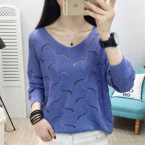 variant image2Spring Autumn V neck Elegant Sweet Knitting Hollow Out Top Women Solid Loose Casual Sweater Ladies