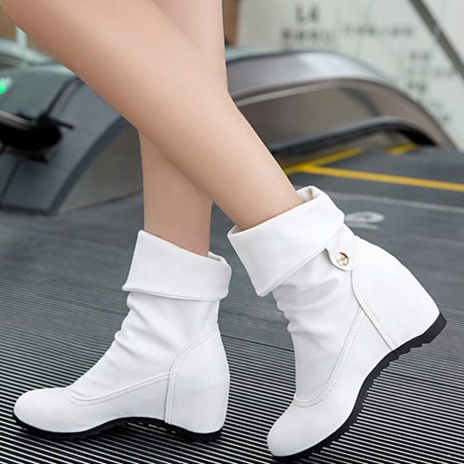 variant image2Women Boots 2021 Leather Boots Wedges Mid Calf Winter Female Casual Shoes High Heel Boots Botines