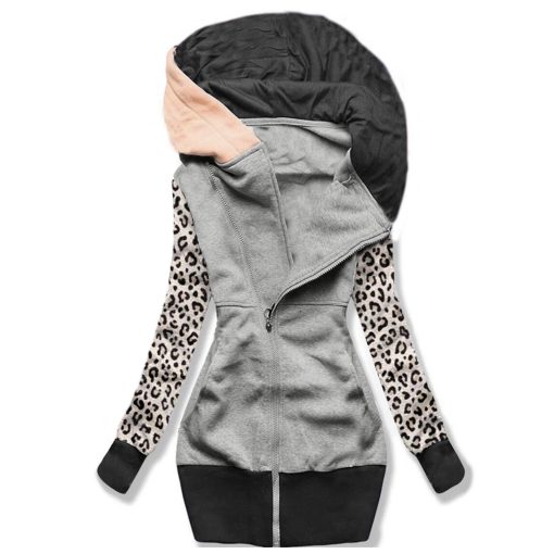 variant image2Women Casual Faishion Jacket Sweatshirt Zipper Pocket Coat Leopard Print Panel Long Sleeve Coat Jacket