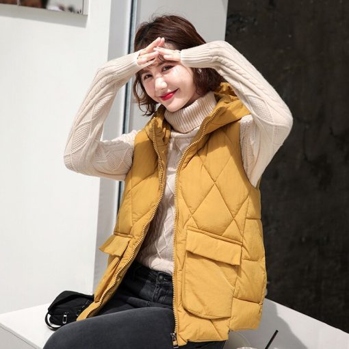 variant image32021 Women s Winter Short Vest Solid Korean Style Sleeveless Hooded Thick Jacket Female Cotton Padded