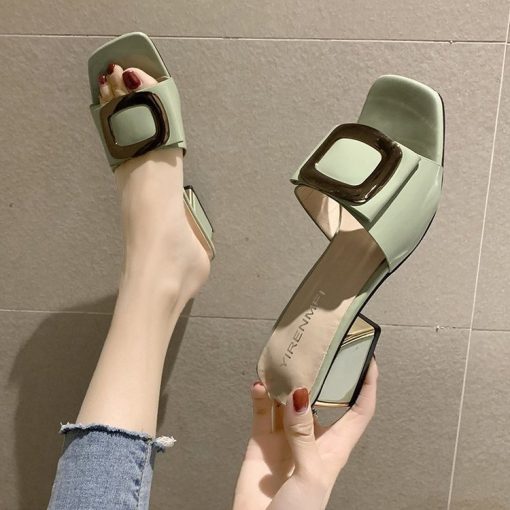 Fashion Elegant Womens Sandals High Quality Solid Metal Decorate PU Leather Square Toe Femme Low Heel Party Dress Shoes