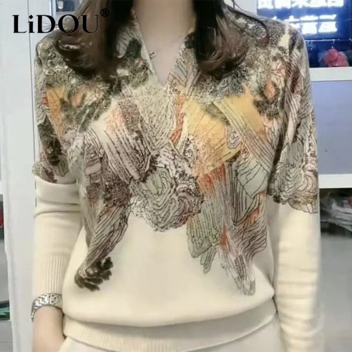 variant image3Autumn Winter Landscape Printing Diamonds Elegant Fashion Sweater Ladies 6XL Loose Casual All match Pullover Top