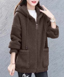 variant image3Fashion Casual Lamb Wool Coat Women s Autumn Winter Jackets Stitching Hooded Zipper Ladies Korean Coat