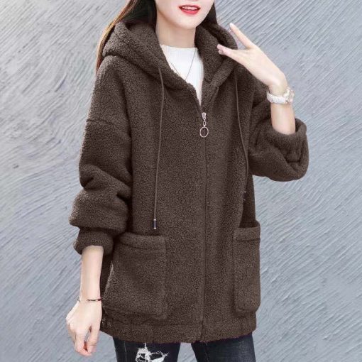 variant image3Fashion Casual Lamb Wool Coat Women s Autumn Winter Jackets Stitching Hooded Zipper Ladies Korean Coat