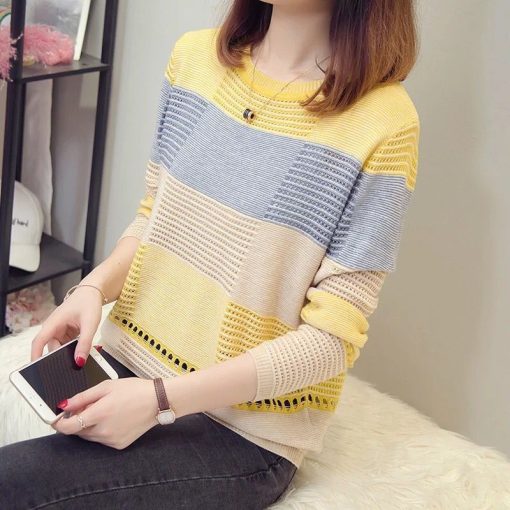 variant image3Knitted T Shirts O neck Spring Autumn Patchwork Long Sleeve Casual Simple Elasticity Leisure Comfortable Korean