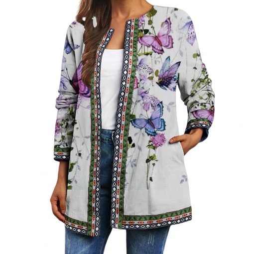 variant image3Overcoat for Women Butterfly Print Retro Loose Ethnic Colorful Vintage Cardigan Coat Spring Autumn Jacket