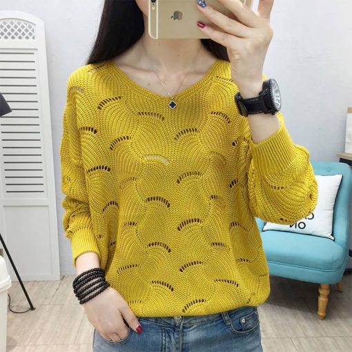 variant image3Spring Autumn V neck Elegant Sweet Knitting Hollow Out Top Women Solid Loose Casual Sweater Ladies