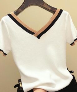 variant image3V Neck Short Sleeve Shirt Women Contrast Color Striped Knitted 2022 Summer Tops Shirt Korean Clothes