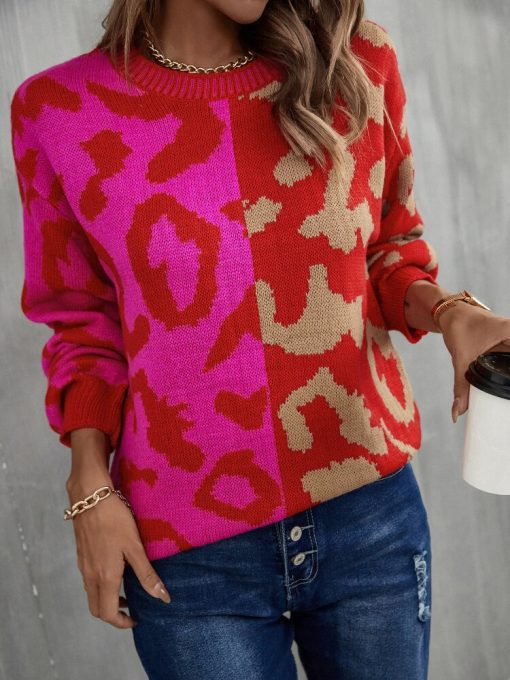 variant image4Fashion Tops 2022 Women Autumn Winter New Leopard Print Stitching Sweater Streetwear Round Neck Long Sleeve