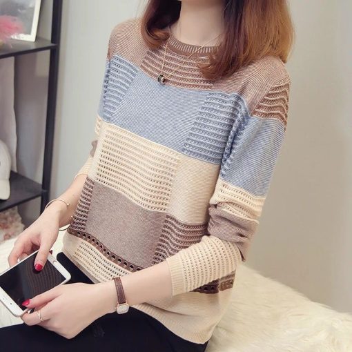 variant image4Knitted T Shirts O neck Spring Autumn Patchwork Long Sleeve Casual Simple Elasticity Leisure Comfortable Korean