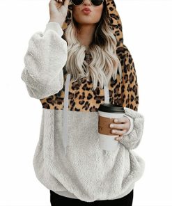 variant image4Leopard Printed Sweatshirts Women s Autumn Winter Thick Leopard Patchwork Pullover Hoodies Plush Fleece Hooded Coats