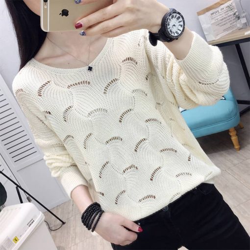 variant image4Spring Autumn V neck Elegant Sweet Knitting Hollow Out Top Women Solid Loose Casual Sweater Ladies