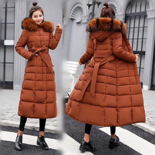 variant image52022 new winter jacket women s warm fashion bow belt fox fur collar coat long dress