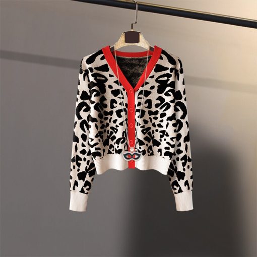 variant image5Korobov 2021 New Leopard Pattern Cardigans Women Vintage V Neck Long Sleeve OL Knitted Cardigan Autumn