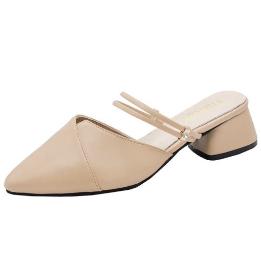 Party Women Mules Slipper Pointed Toe Block Strap Closed Shallow High Heels Shoes Sandals Black Beige Square heel Pumps