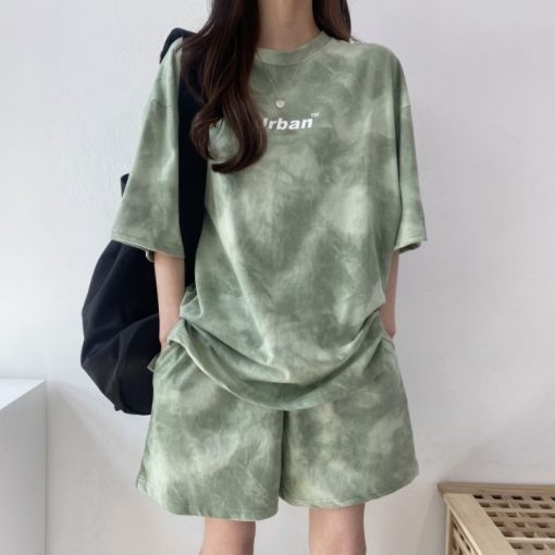 Summer Women Clothing Set Short Sleeve Tshirt+Shorts 2Pcs Camouflage Tie-Dyed Loose Tees Tops Sports Casual Suit New