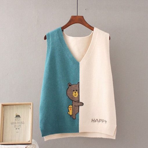 Fashion Spring Autumn Women Cartoon V-neck Sleeveless Sweater Vest Loose Knit Outcoat Leisure Student College Top Cloth for girl