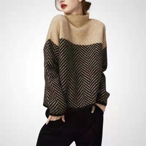 2022 autumn and winter women's new knit geometric knit turtleneck sweater pullover flabby sweater multi-color shirt long pullove