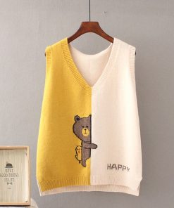 Fashion Spring Autumn Women Cartoon V-neck Sleeveless Sweater Vest Loose Knit Outcoat Leisure Student College Top Cloth for girl
