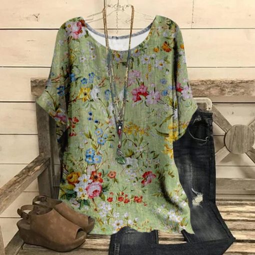 Vintage Butterfly Flower Print Blouse Womens Casual Round Neck Printed Loose Three Quarter Sleeve Streetwear Top Blusas Mujer