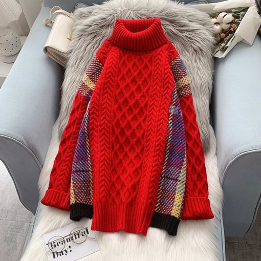 Woman Sweaters Turtleneck Pullover Patchwork Knitting Twist Vintage Hong Kong Style Thick Warm Chic Thicken Sweater