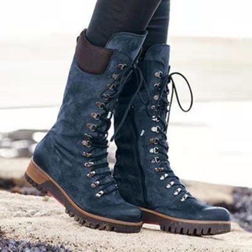 Women Retro Knee High Boots Non-slip Platform Lace Up Women Shoes Winter Long Solid Color Martin Boots Vintage Knight Boots
