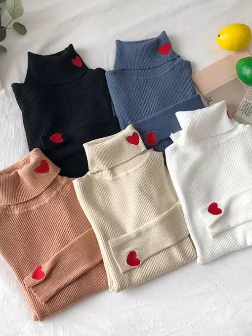 2022 Knitted Women Sweater Ribbed Pullovers Heart Embroidery Turtleneck Autumn Winter Basic Women Sweaters Fit Soft.jpg 3