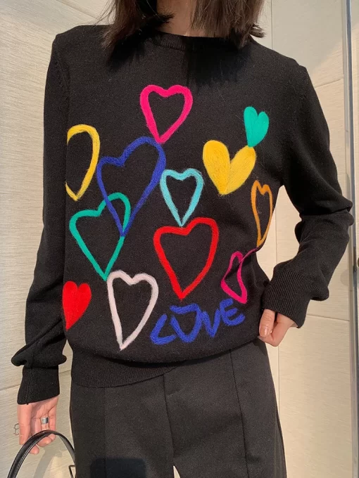 2022 Spring Women Lovely Sweater O Neck Colorful Candy Color Heart Embroidery Knitwear Slim All Match.jpg Q90.jpg 1