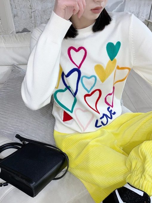 2022 Spring Women Lovely Sweater O Neck Colorful Candy Color Heart Embroidery Knitwear Slim All Match.jpg Q90.jpg