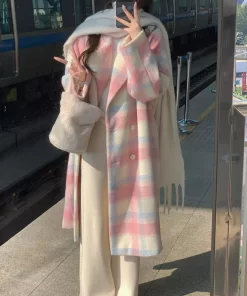 2022 Winter Rainbow Woollen Overcoat Women Casual Plaid Long Coats Office Lady Y2k Clothing Korean Fashion.jpg