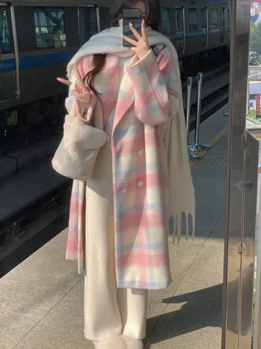 2022 Winter Rainbow Woollen Overcoat Women Casual Plaid Long Coats Office Lady Y2k Clothing Korean Fashion.jpg