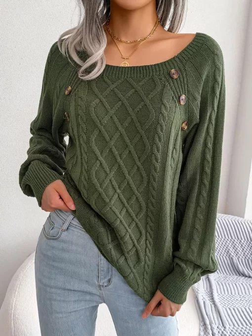 Autumn Knitted Sweater Women Jumper Ladies Button Argyle Sweater Pullover Women Acrylic Loose Long Sleeve Sweaters.jpg 2