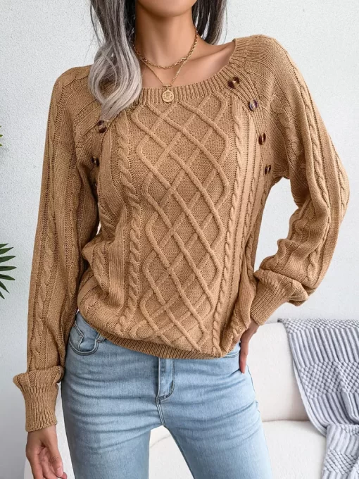 Autumn Knitted Sweater Women Jumper Ladies Button Argyle Sweater Pullover Women Acrylic Loose Long Sleeve Sweaters.jpg