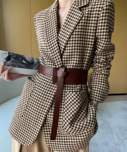 Autumn Women Vintage Houndstooth Woolen Blazer Jackets Fashion Elegant Casual Outerwear Coat With Belt Female Cardigan.jpg